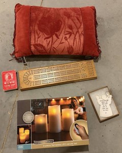 LED Candles, Cribbage Board, Angel Ornament and Pillow