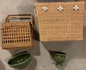 Woven Baskets & Green Pottery  Mixed Lot, 4 Total