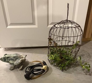 Mixed Garden Decor Lot with Frog Figure & Wire Cage
