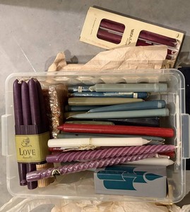 Assorted Decorative Candles in Plastic Tote