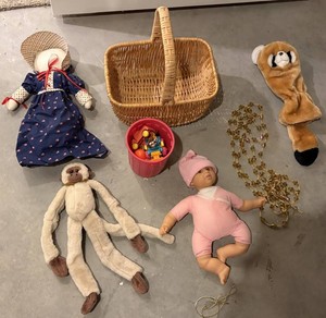 Dolls, Toy, Basket Lot, 7 Total