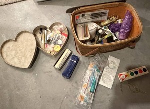 Mixed Art Supply Lot With Sanfords Tempera Colors & Basket for Artist