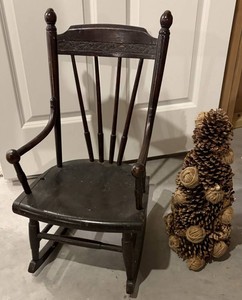 Young Child Wooden Rocking Chair With Spindle Back and Mini Christmas Tree