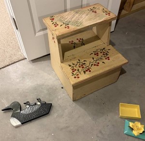 Vintage Hand-Painted Cherry Recipe Step Stool & Wooden Loon Wall Art & Yellow Ceramic Jewelry Box