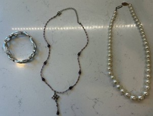 Pearl Necklace, Beaded Cross Necklace & Link Bracelet