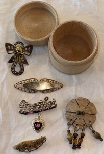 Wooden Jewelry Container with Decorative Brooches