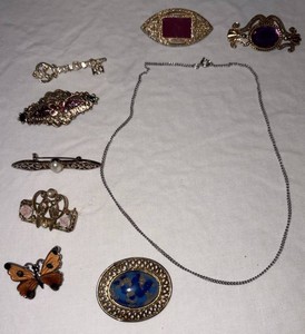 Vintage Costume Jewelry Brooches & Necklace Mixed Lot, 9 Total
