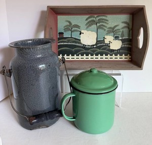 Vintage Enamelware Bucket, Canister & Painted Tray Mixed Lot