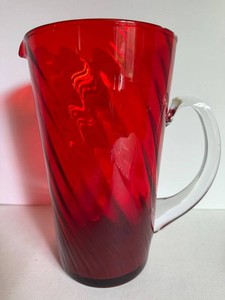 Vintage Red Swirled Optic Glass Pitcher with Applied Handle