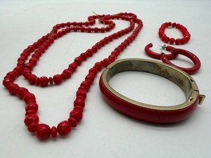 Vintage Glass Red Beaded Necklace, Hoop Earrings & Bangle Bracelet Jewelry Set