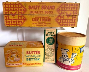 Vintage Daisy Brand Egg Carton, Dinner Bell Lard, Butter Box & Johns Green Oil Mixed Lot