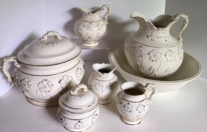 Antique D. F. Haynes Floral Ceramic Serveware Set (9 Pieces)
