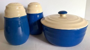 Oxford Stoneware Blue & Cream Salt and Pepper Shakers With Covered Bowl 3-Piece Set
