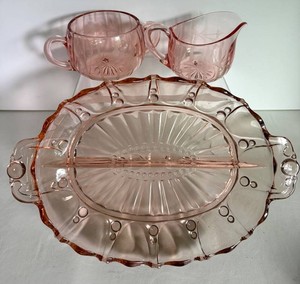 Vintage Pink Glass Divided Serving Dish With Sugar and Creamer