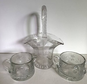 Pressed Glass Sugar, Creamer & Duncan Miller Basket Set (3 Pieces)