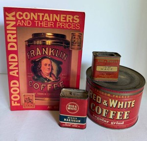 Red & White Coffee Tins and Food and Drink Containers and Their Prices Book Mixed Lot
