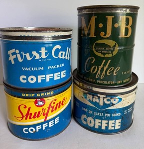 Vintage Coffee Tin Mixed Lot of 4 - First Call, MJB, Surfine & Natco