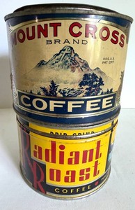 Vintage Mount Cross & Radiant Roast Coffee Tins (Lot of 2) 3.5in Tall