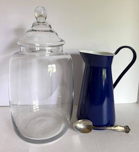 14 Glass Jar With Blue Enamelware Pitcher - Slovenia & Java-Licious Spoon (Lot of 3)