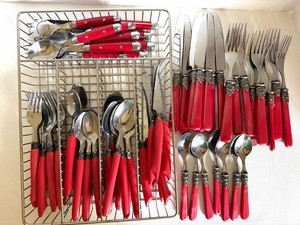 Red Handled Flatware Set With Serving Pieces