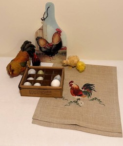 Rooster & Chicken Kitchen Decor Mixed Lot with Antique Glass Eggs