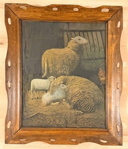 Vintage Sheep Scene in Wooden Frame 21 X 25 in