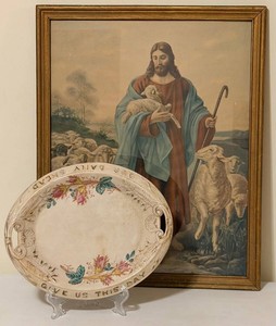 Vintage Good Shepherd Jesus Lithograph & Religious Dish Mixed Lot