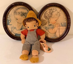 Framed Nursery Art, Rag Doll & USA Ceramic Shoe Mixed Lot