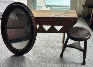 Wood Oval Mirror, Heart-Cut Table & Stool Mixed Lot