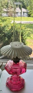 Vintage Cranberry Pink Glass Oil Lamp With White Glass Ruffled Shade 7 X 24 in