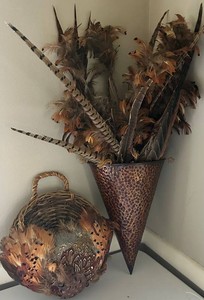 Feather Decor Mixed Lot - Cone Wall Piece & Basket Arrangement