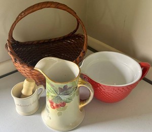 Stonewall Kitchen Pitcher, Limoges Floral Pitcher, Mug & Basket Mixed Lot