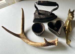 Mixed Lot Cast Iron Decorative Pieces With Antler & Brass Hook