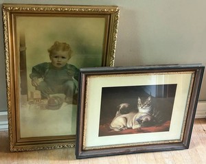 Vintage Framed Baby & Kitten Prints Mixed Lot of 2