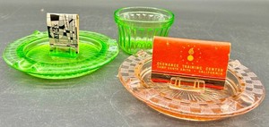 Uranium Glass Ashtray, Amber Ashtray & Uranium Custard Cup Mixed Lot