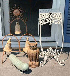 Mixed Outdoor Garden Decor - Plant Stand, Owl, Caterpillar, Bell Sculpture