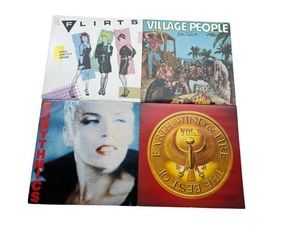 Vintage Vinyl Records - Village People (Go West, 1979 Casablanca), The Flirts (Blondes, Brunettes & Redheads, 1985 Columbia Records), EURYTHMICS (Be Yourself Tonight, 1985 RCA), and The Best of Earth, Wind & Fire Vol. I (1978, Columbia)