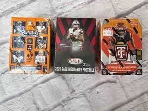 Lot Of 3 Football Card Blaster Boxes Including Sealed 2024 Panini Totally Certified, Sealed 2025 Panini Contenders, and 2025 Sage High Series