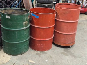 Lot of (3) Metal Barrels with One Dolly