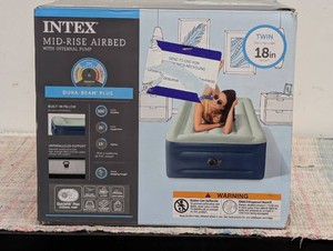 Intex Elevated 18 Pillow Rest Twin Air Mattress with Internal Pump - Off-WhiteBlue Includes Storage Bag, Repair Patch, Electric Pump