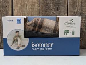 Isotoner Mens Memory Foam eco Comfort Slippers Large 9.5-10.5 Brown Plaid