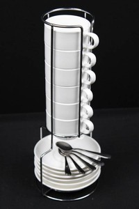 White Espresso Cup & Saucer Set With Stand and Spoons
