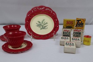 Miniature Leigh Ware Green Wheat Dish Set & Advertising Sample Boxes Mixed Lot