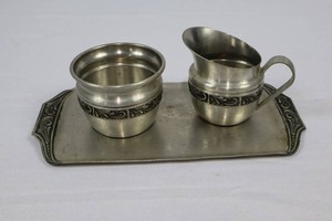 Norway Pewter Creamer, Sugar Bowl & Tray Set