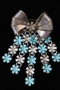 Vintage 1940s Cascading Floral Brooch Turquoise Enamel Flowers 4 in