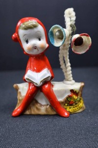 Vintage 1940s-1950s Pixie Elf Kewpie Doll Face Sitting on Log
