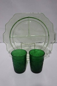 Vintage Uranium Glass Princess Green Divided Plate & Green Juice Tumblers Mixed Lot