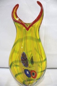 Murano Large Murrine Ribbon Yellow Art Glass Vase 14 X 6.5 X 3.5 in