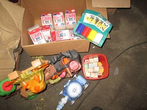 Poker chips, vintage blocks and toy...
