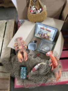 Lot of fishing decor and a jar of m...